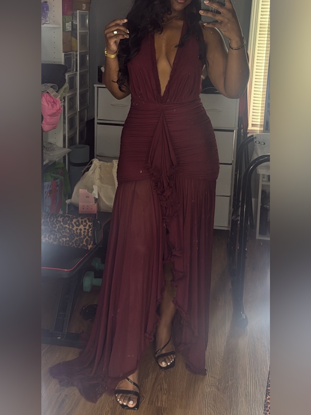 Elegant Deep V Burgundy Evening Dress